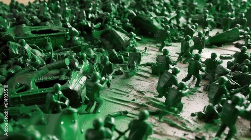 green plastic toy soldiers engaged in a fierce battle. generative ai