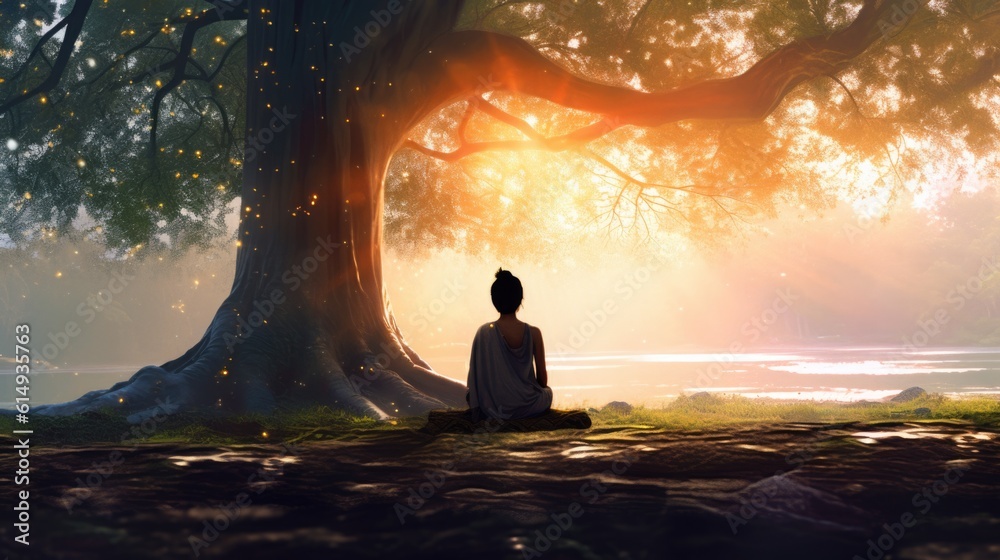 person sitting in a meditative pose under a tree generative ai