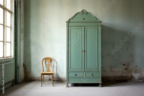 An old green armoire and a chair in an abandoned room photo