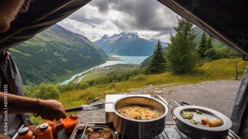 camper cooking a meal on a portable stove in the Swiss Alps generative ai © ThisDesign