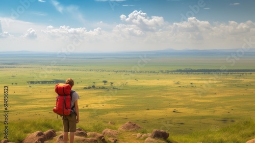hiker overlooking the vast plains of the Serengeti generative ai