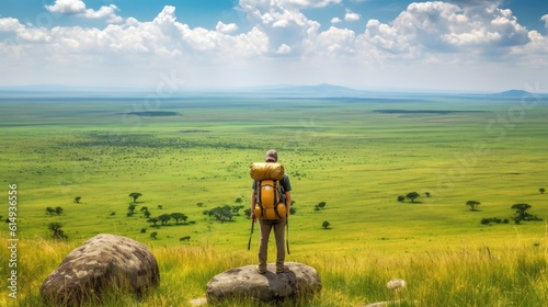 hiker overlooking the vast plains of the Serengeti generative ai