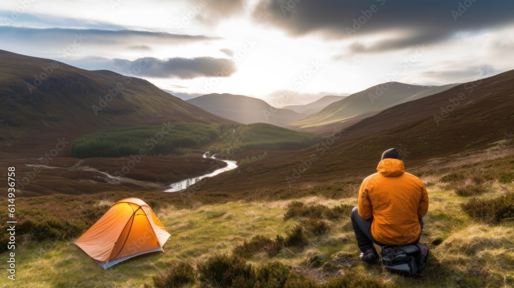Fototapeta premium person camping in the Scottish Highlands generative ai
