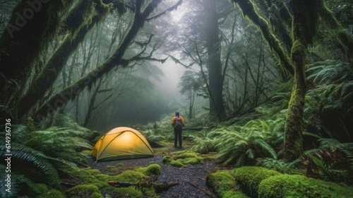 person camping in a mystical forest in New Zealand generative ai
