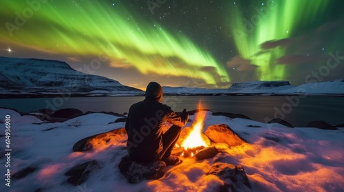 traveler preparing a campfire under the Northern Lights in Iceland generative ai