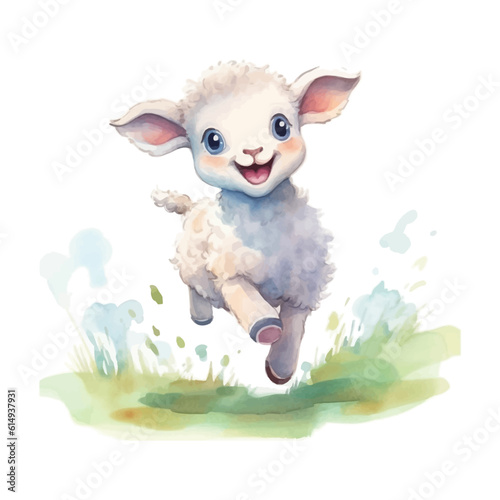 Cute little sheep cartoon in watercolor painting style