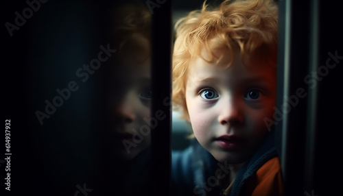 A cute blond toddler stares sadly through the window, alone generated by AI
