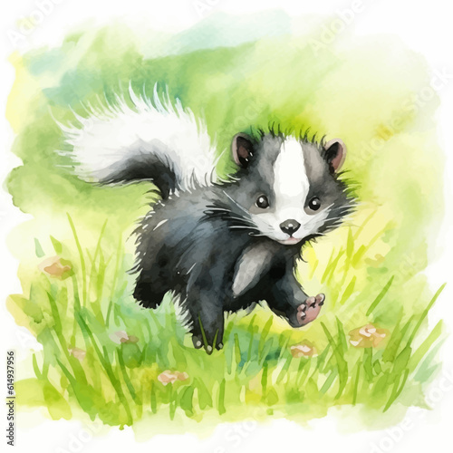 Cute skunk cartoon in watercolor painting style