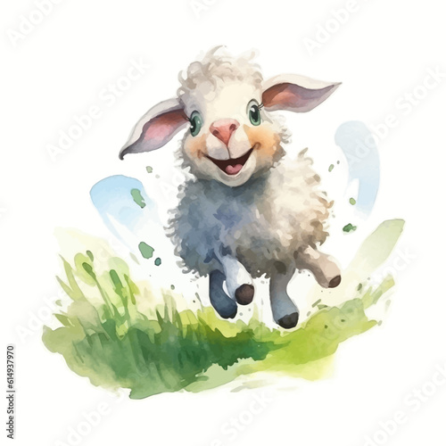 Cute little sheep cartoon in watercolor painting style