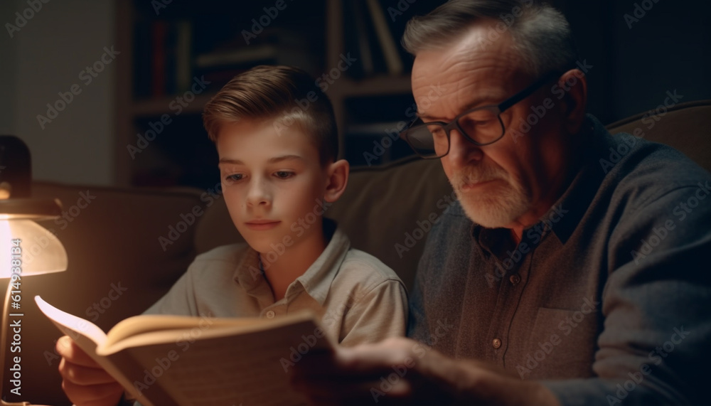 A grandfather and grandson bond over reading in living room generated by AI A grandfather and grandson bond over reading in living room generated by AI