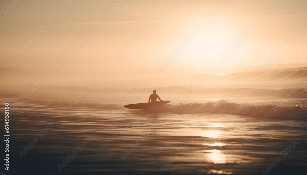 One person holding surfboard, paddling towards back lit wave generated by AI
