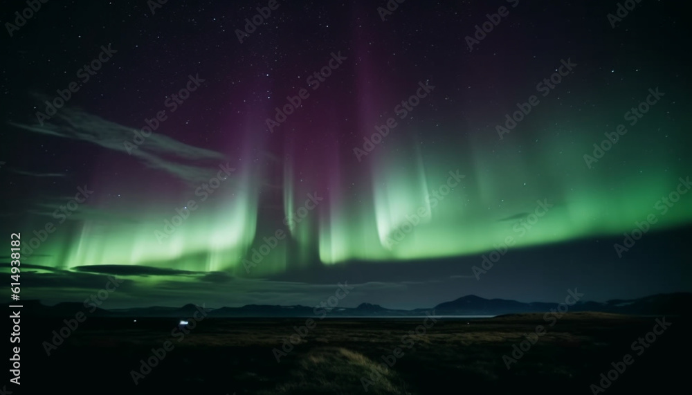 Night sky illuminated by vibrant aurora polaris over arctic landscape generated by AI