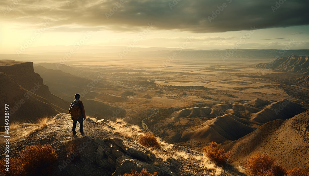 Fototapeta premium One person hiking with backpack, standing on sandstone cliff generated by AI