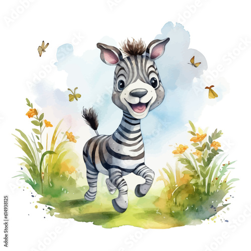 Cute baby zebra cartoon in watercolor painting style