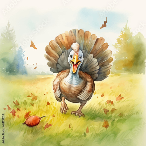 Cute turkey cartoon in watercolor painting style