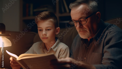 A grandfather and grandson bond over reading in living room generated by AI