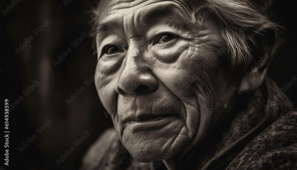 Serious senior woman with wisdom and beauty, looking outdoors sadly generated by AI