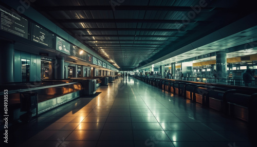 Fast paced business travel through futuristic subway station at night generated by AI