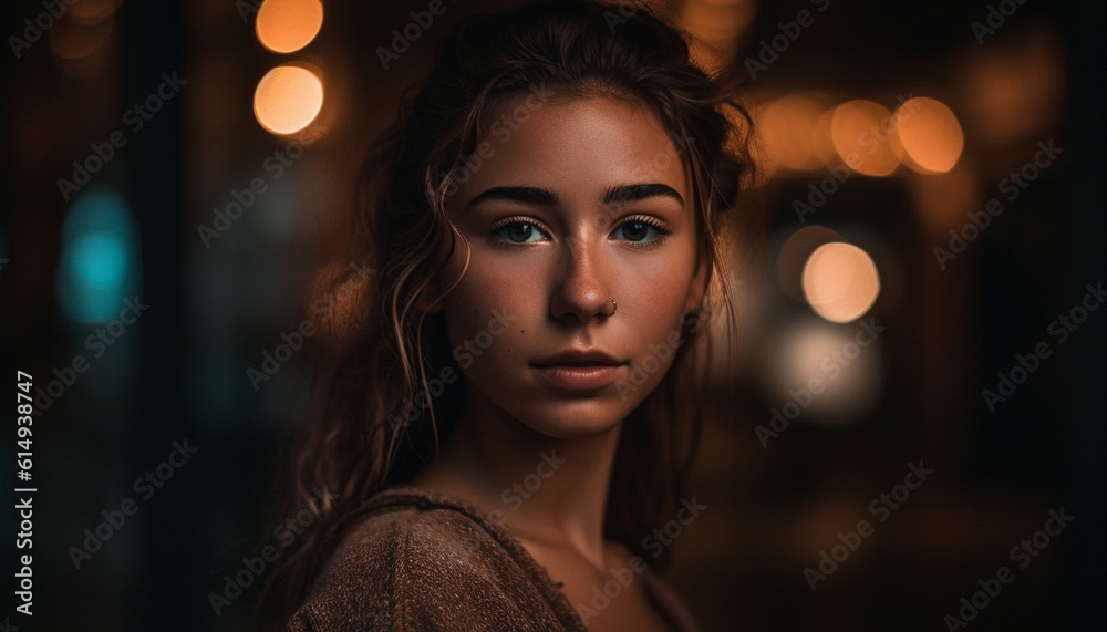 Confident young woman standing outdoors, illuminated by lighting equipment generated by AI