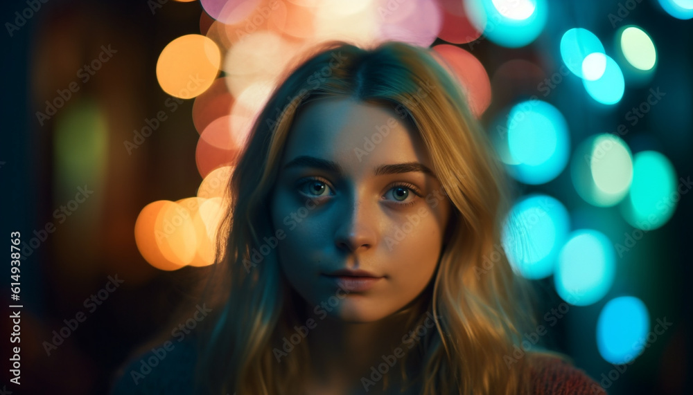 A young woman smiles, illuminated by Christmas lights, looking festive generated by AI