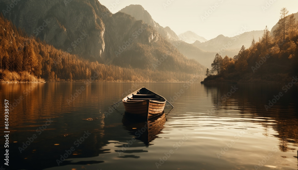 A tranquil scene of a rowboat on a foggy lake generated by AI