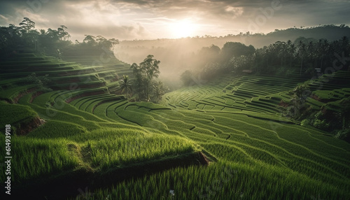 Rice paddies on terraced fields, a farmer harvest in Sa Pa generated by AI © Stockgiu