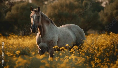 Thoroughbred stallion running free in tranquil meadow at sunset generated by AI