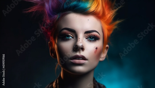 Beautiful young woman with elegant hairstyle and colorful make up generated by AI