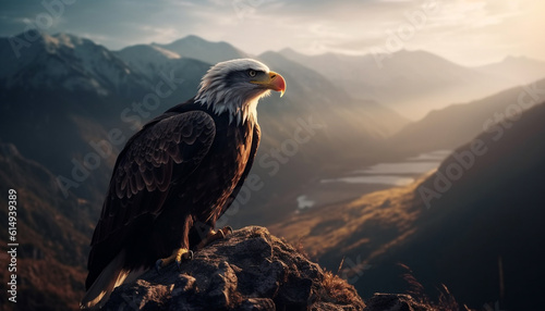 The majestic bald eagle perching on mountain peak at sunset generated by AI