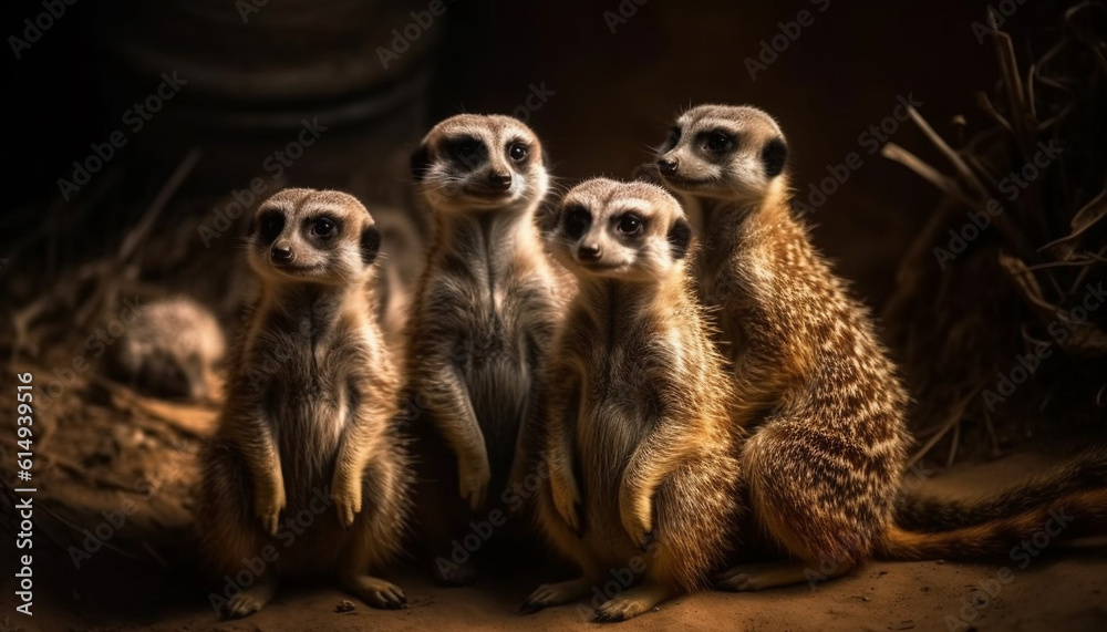 Three meerkats standing alert, watching outdoors with good posture generated by AI