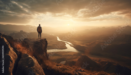 Standing on cliff, backpacker enjoys sunrise, success in exploration generated by AI © Stockgiu