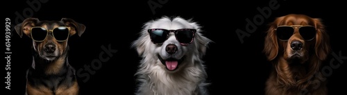 White dog in sunglasses on dark background. Horizontal banner with black dog. Concept of pet care, vacation, sunny beach holiday, tourism. Happy Golden Retriever. Realistic illustration. Generative AI