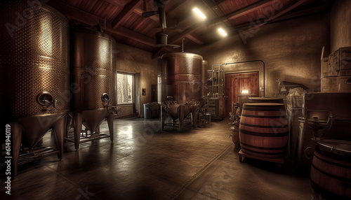 Old fashioned whiskey barrels line the dark distillery storage room generated by AI