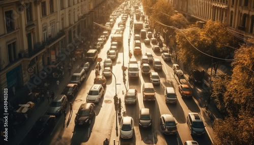 Rush hour traffic jam on multiple lane highway, cityscape illuminated generated by AI