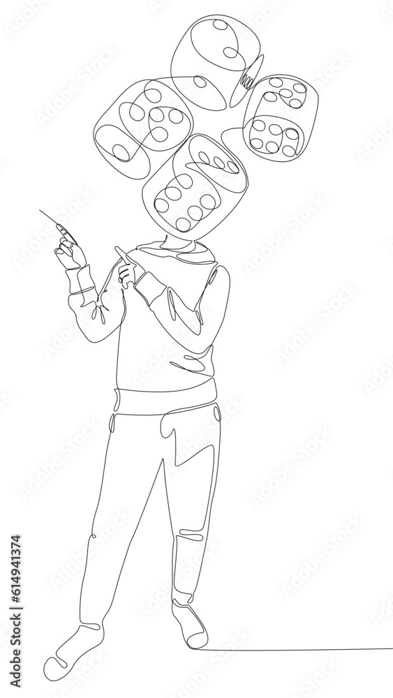 One continuous line of Man pointing with dice as his head, symbol of luck as disguise. Thin Line Illustration vector concept. Contour Drawing Creative ideas.