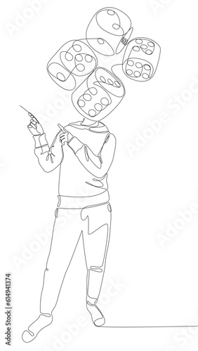 One continuous line of Man pointing with dice as his head  symbol of luck as disguise. Thin Line Illustration vector concept. Contour Drawing Creative ideas.