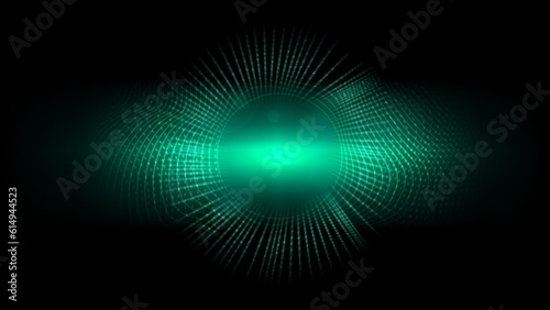 Neon Mint Green Portal Line Waves Circle Background with Bokeh Lights
