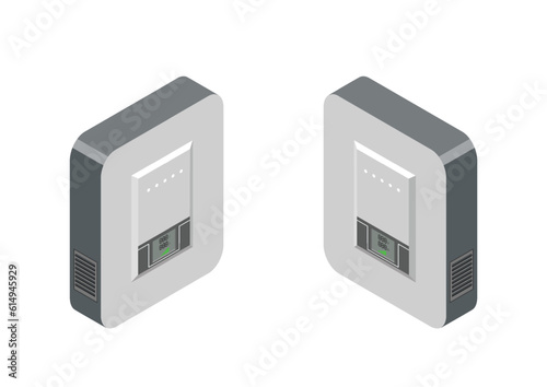 Isometric solar cell inverter on white background. Vector illustration.