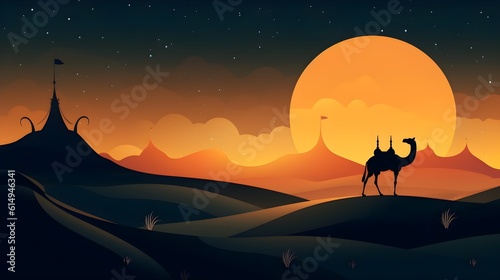 Eid Mubarak greeting card template night illustration Arabian and camel on desert Islamic background