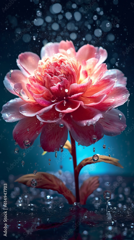 Generative AI Beautiful pink peony flower with water drops on a dark background Generative AI Beautiful pink peony flower with water drops on a dark background