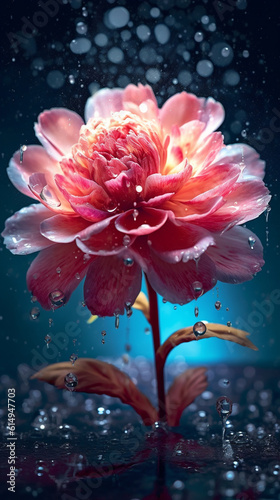 Generative AI Beautiful pink peony flower with water drops on a dark background