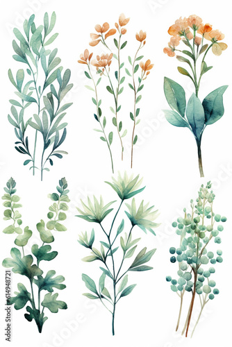 Generative AI Watercolor set of flowers and herbs. Hand painted floral illustration.