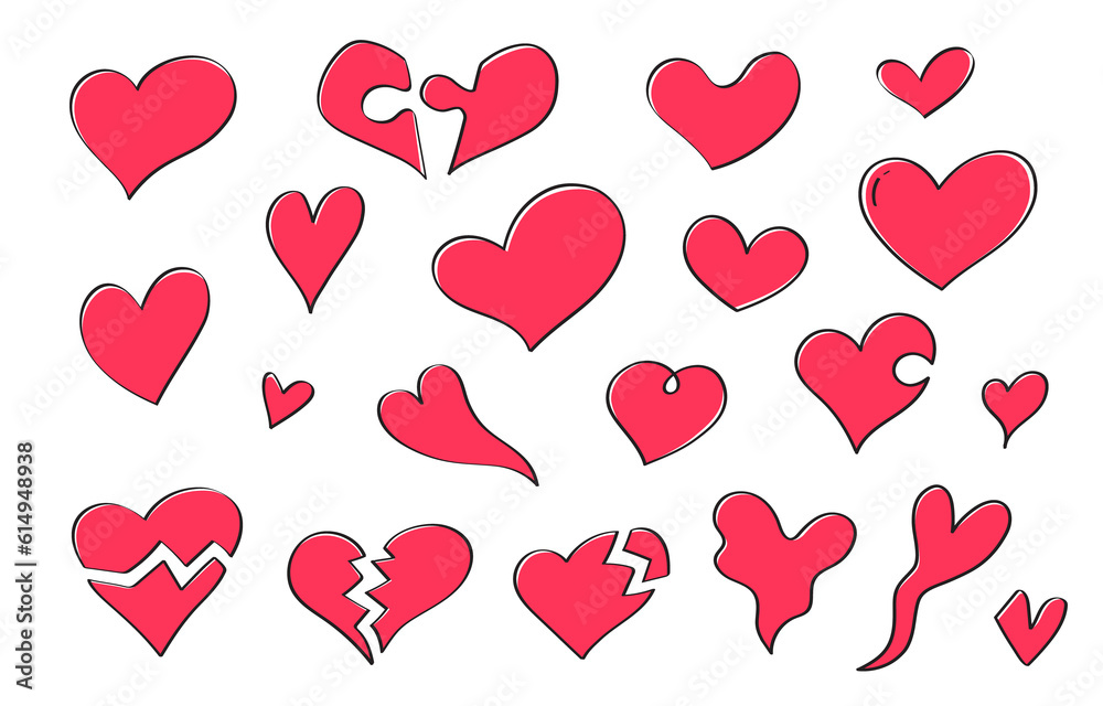 Cute doodle love hearts symbols in various designs. Isolated vector doodle style. Set of hand-drawn hearts isolated on white background. Vector illustration.
