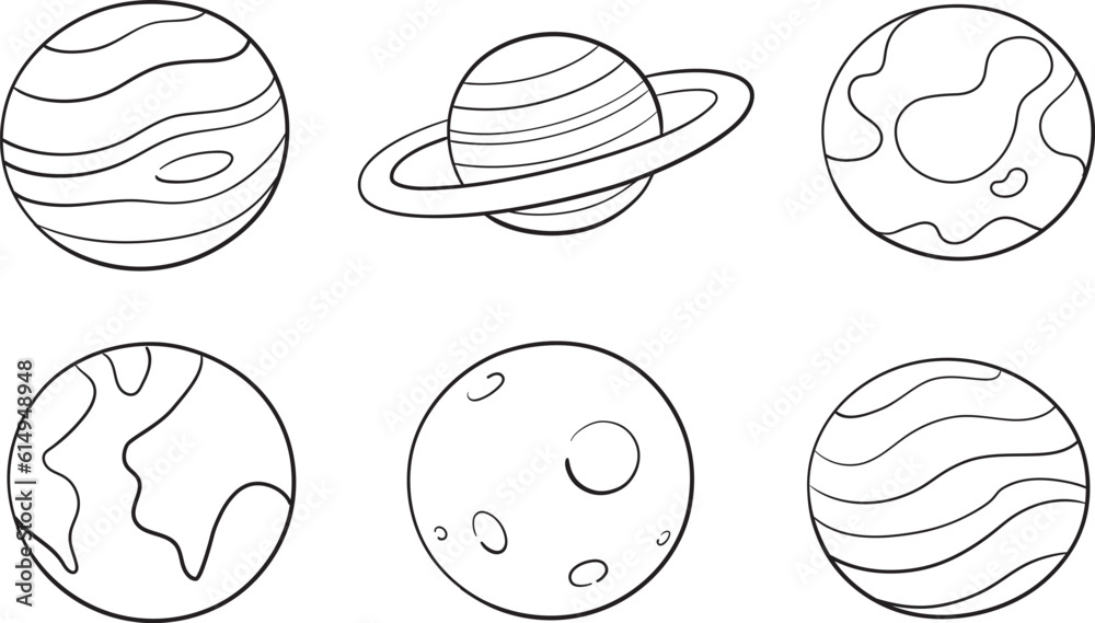 Cute planets education symbols drawing in doodle line art style. Vector illustration. Set of planets. Vector illustration in doodle style. Hand drawing. Cute planets education symbols drawing in doodle line art style. Vector illustration. Set of planets. Vector illustration in doodle style. Hand drawing.