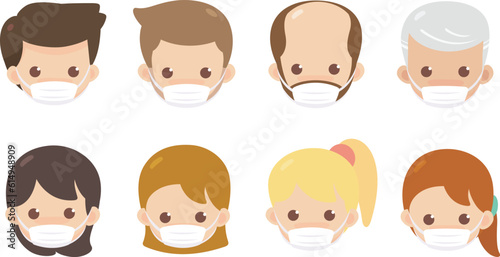 Various age faces wear masks to protect against the flu or covid-19. Cute cartoon people wearing medical masks over white backgrounds. colorful design. vector illustration.