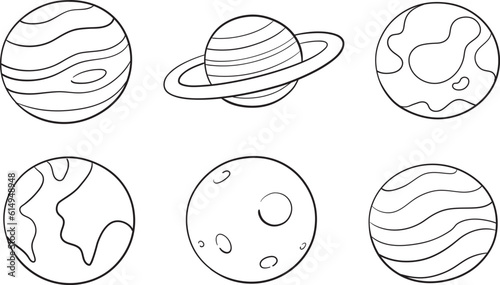 Cute planets education symbols drawing in doodle line art style. Vector illustration. Set of planets. Vector illustration in doodle style. Hand drawing.