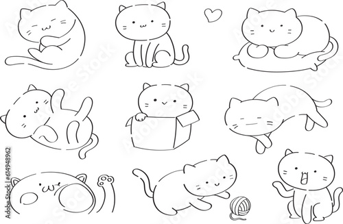 Cute cat various actions drawing in doodle line art style. Cute cat doodle set. Hand-drawn vector illustration.