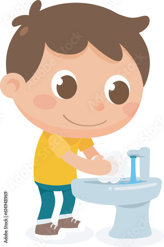 Cute kid instructor performing health care instruction to prevent from covid-19 virus and flu. A kid is washing his hands with soap. Flat vector illustration.