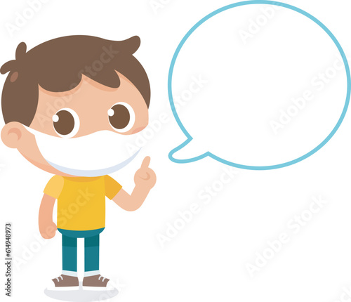 Cute kid instructor wearing a medical mask performing health care instruction to prevent from covid-19 virus and flu. Flat vector illustration.