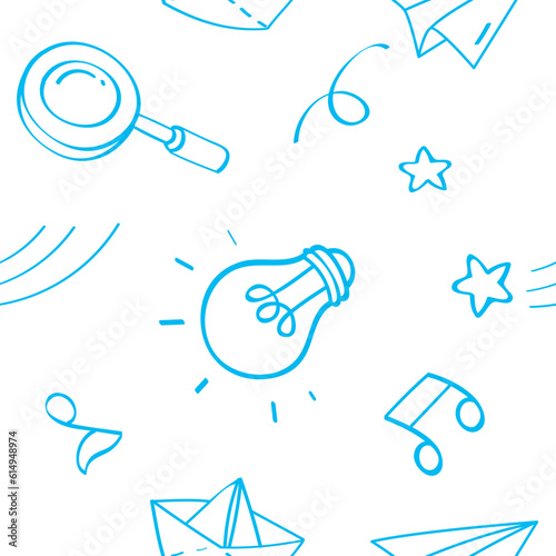 Cute school education objects drawing in doodle line art style with background colored. Seamless pattern with the lightbulb, paper plane, boat, notes, magnifying glass, and stars.